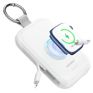 RORRY Chargeur portable, chargeur de batterie portable de 5 000 mAh avec câbles intégrés, trousse de voyage clé en main pour Apple Watch Ultra 3/2/11/10/9/8/7/6/SE, iPhone 17/16/15/14/13/12, blanc