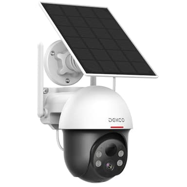 DEKCO Caméra de sécurité extérieure sans fil, Caméra de surveillance extérieure, alimentée par panneau solaire et batterie, zoom avec panoramique et inclinaison, suivi automatique, vision nocturne 2K