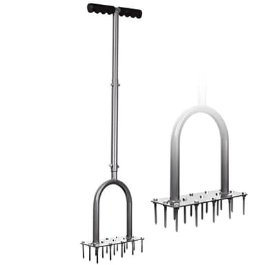Walensee Aérateur de pelouse en métal manuel avec 15 pointes en fer, outils d'aérateur de gazon pré-assemblés avec poignée en T pour cour, aération de pelouse, outil de jardin, ravive la santé de la pelouse, gris