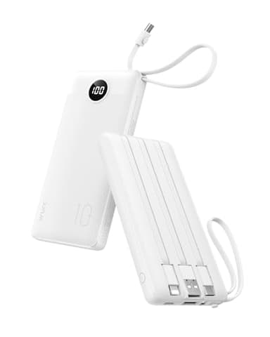Chargeur portable pour iPhone avec cordons intégrés, 10 000 mAh USB C, batterie externe VRURC ultra fine avec 5 sorties, 2 entrées, écran LED, batterie externe compatible avec iPhone, Samsung, blanc