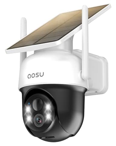 Caméra de sécurité solaire AOSU pour l'extérieur - 100% caméras de sécurité sans fil pour la surveillance domestique avec panneau solaire fixe, vue panoramique à 360°, suivi automatique des humains