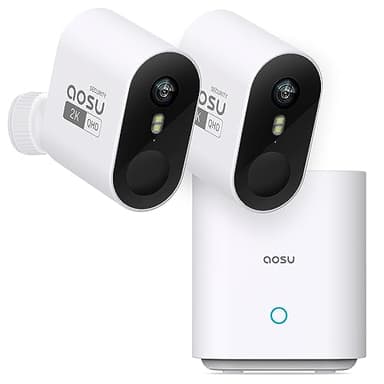 Aosu - Caméras de sécurité sans fil pour maison extérieure, Vraie vision nocturne HD 2K, pas d'abonnement, autonomie de 240 jours, vue large à 166°, projecteur et alarme sonore, alerte uniquement sur