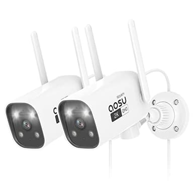 AOSU Lot de 2 caméras de sécurité 2K pour extérieur avec vision nocturne couleur, caméras de sécurité pour maison filaires supportant l'enregistrement 24/7, suivi automatique, changeur de voix, audio