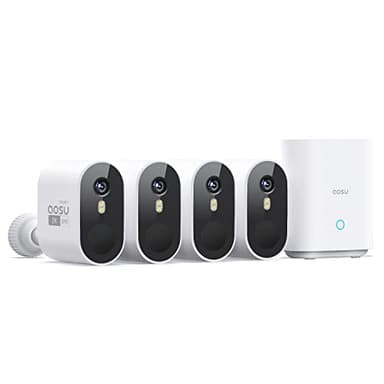 aosu Caméras de sécurité extérieures sans fil, kit de 4 cams, ultra grand angle de 166°, alimentées par piles, aucun abonnement nécessaire, système de caméras de sécurité domestique avec vision nocturne en couleur 2K, projecteur, alerte de mouvement