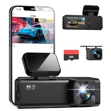 Caméra embarquée avant et arrière, Dashcam double canal 4K+1080P pour voitures avec vision nocturne, G-Sensor, mode de stationnement 24H, enregistrement en boucle, carte 32 Go incluse