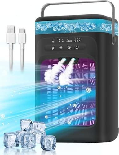 Climatiseur portable, refroidisseur d'air par évaporation 4 en 1, ventilateur de refroidissement personnel avec 3 vitesses, 2 modes de brume, veilleuse 7 LED, minuterie 2-4h, mini refroidisseur d'air