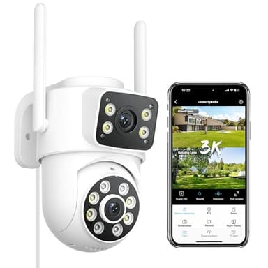 ANBIUX Caméra de sécurité extérieure double objectif 6 MP, résolution 3K avec vue panoramique à 360°, vision nocturne en couleur jusqu'à 30 m, suivi de mouvement, audio bidirectionnel, IP66 résistant