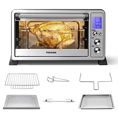 TOSHIBA AC25CEW-SS Four grille-pain à convection pour 6 tranches de grande taille avec 10 fonctions, grille, pizza et rôtissoire, 1500 W, acier inoxydable, inclus 6 accessoires