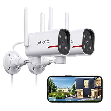 DEKCO Pack de 2 caméras de sécurité extérieure avec vision nocturne couleur 2K, caméra filaire de surveillance avec rotation panoramique à 180°, support d’enregistrement 24/7, WiFi 2,4 & 5G, suivi