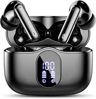 Écouteurs sans fil Bluetooth 5.4 HiFi stéréo, écouteurs sans fil avec micro antibruit ENC, étanchéité IP7, écouteurs intra-auriculaires à affichage numérique LED, contrôle tactile, noir
