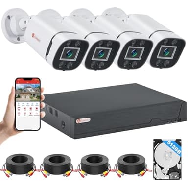 AIWIXEN Système de caméra de sécurité CCTV filaire 8 CH H.265+ 3K Lite avec détection humaine et véhicule, 4 caméras de surveillance IP68 5MP pour intérieur extérieur, disque dur de 512 Go pour