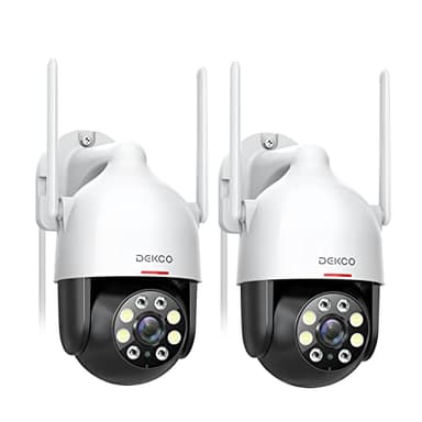 DEKCO Caméra de sécurité extérieure 2K avec suivi de mouvement à 360 degrés, caméra de surveillance pour la maison, caméra Wi-Fi, vision nocturne en couleur complète, alarme sonore-lumière, audio