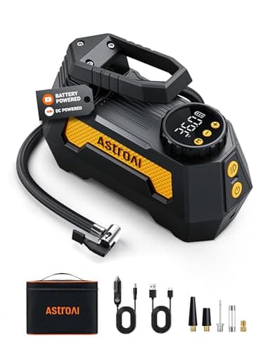 AstroAI H2 Pro Gonfleur de pneu sans fil portable entièrement amélioré avec 12 V CC et batterie, double alimentation, pompe à air de gonflage rapide pour pneus de voiture, moto - Jaune