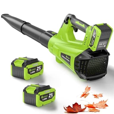 GREENER Souffleur de feuilles électrique sans fil 21 V – 600 CFM/160 MPH Mode turbo avec 2 batteries de 4,0 Ah et chargeur rapide inclus, souffle les feuilles et la poussière, nettoyage de terrasse