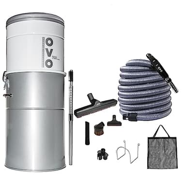 OVO Système central de vide puissant et robuste, filtration hybride (avec ou sans sacs jetables) 35L ou 9,25 gallons, 700 watts d'air avec kit d'accessoires de luxe de 9,14 mètres inclus, argent et