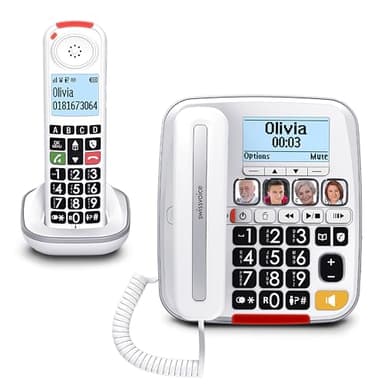 SWISSVOICE 3355 Téléphone filaire à gros boutons pour personnes âgées avec répondeur et combiné sans fil supplémentaire – Téléphones bruyants pour malentendants – Téléphones compatibles avec appareils auditifs – Téléphone sans fil