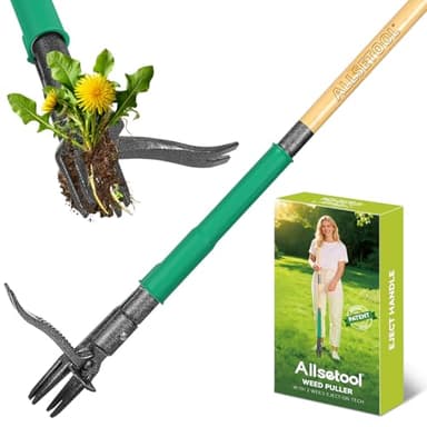 Allsetool Extracteur de mauvaises herbes avec 2 fonctions d'éjection de mauvaises herbes, outil de retrait de nlit debout de 111 cm, poignée en bambou véritable et pédale en métal, 4 griffes et