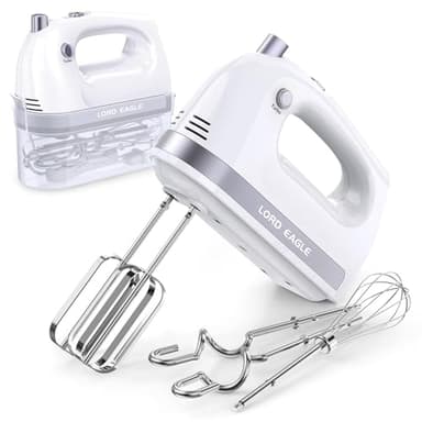 Lord Eagle Batteur à main électrique portatif 400 W, mélangeur de cuisine léger à 5 vitesses avec étui de rangement, 5 accessoires en acier inoxydable pour la cuisson de gâteaux, œufs, crème, batteur alimentaire, turbo+bouton d'éjection