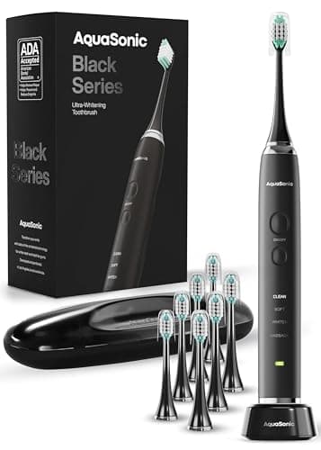 Aquasonic Black Series Brosse à dents ultra blanchissante – Brosse à dents électrique acceptée par ADA – 8 têtes de brosse et étui de transport – Moteur électrique de 40 000 VPM et charge sans fil – 4