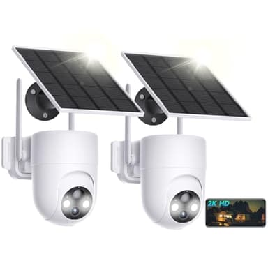 LIWAN Lot de 2 caméras de sécurité solaires d'extérieur sans fil, caméra de sécurité extérieure 2K, caméra de surveillance PTZ à 360°, zoom 4x, alimentée par batterie, caméra solaire WiFi 2,4 GHz