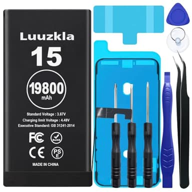 Luuzkla Batterie 19800 mAh (nouvelle mise à niveau) compatible avec iPhone 15, batterie super capacité compatible avec iPhone 15, avec kit d'outils complet - 0 cycle haute capacité - 24 mois de