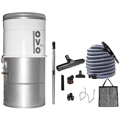 OVO PAK63D-35 Système d'aspirateur central grand et puissant, filtration hybride (avec ou sans sacs jetables), 25 l ou 25 l, 630 watts d'air avec kit d'accessoires de luxe de 10,7 m inclus, 10,7 m, argenté