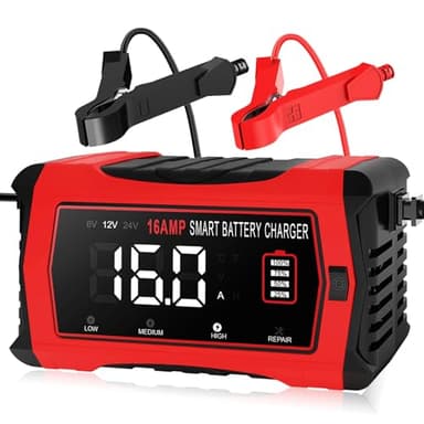 Chargeur de batterie 16 A, chargeur de batterie de voiture 12 V 24 V au lithium LiFePO4 au plomb 10 étapes, chargeur de batterie intelligent avec compensation de température pour voiture, camion