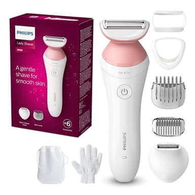 Philips Lady Shaver Series 6000 Rasoir sans fil humide et sec pour le corps, avec 7 accessoires, tondeuse bikini et exfoliation du corps, autonomie de 40 min, modèle BRL146/00