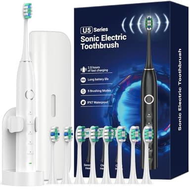Brosse à dents à ultrasons pour adultes - MISSCOZY Brosse à dents électrique rechargeable avec 8 têtes de brosse, étui de voyage, 5 modes et minuteur intelligent, brosse à dents à ultrasons