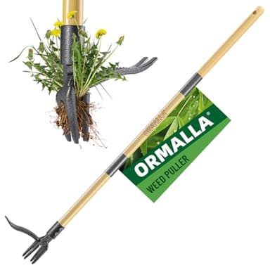 Ormalla Extracteur de mauvaises herbes, Outil de désherbage avec manche de 111 cm, Outil de retrait de nlit, Manche en bambou naturel et 4 griffes, Extracteur de racines de jardin debout, adapté