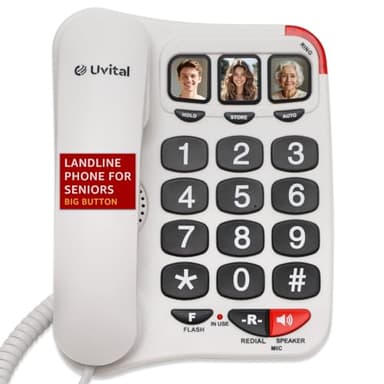 Uvital Téléphone à gros boutons pour personnes âgées - Sonnerie amplifiée avec haut-parleur pour malentendants, téléphone fixe blanc pour personnes âgées, gros boutons noirs pour la maison