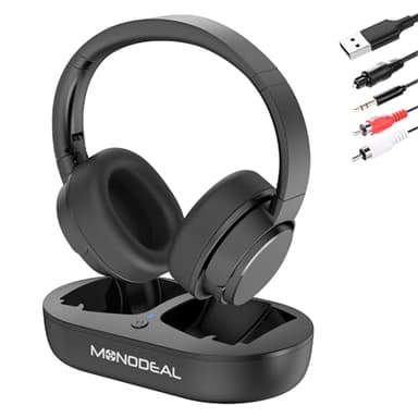 MONODEAL Casque sans fil pour regarder la télévision avec émetteur numérique optique RCA AUX 3,5 mm et station de charge, casque supra-auriculaire pour personnes âgées, 30 heures de lecture, portée de 30 m, pas de retard de synchronisation labiale