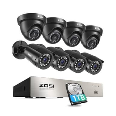 ZOSI Système de caméra de sécurité filaire 3K Lite pour l'extérieur, 8 caméras de surveillance 1920TVL 1080p, vision nocturne de 24,4 m, 8 canaux H.265+ 5MP Lite CCTV DVR avec disque dur de 1 To pour enregistrement 24h/24, 7j/7