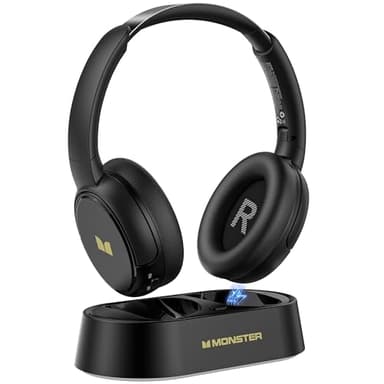 Monster TVLink 300 Casque TV sans fil pour personnes âgées avec base de charge émettrice, casque Bluetooth sans fil, casque TV Bluetooth 5.3, 45 heures de lecture, ajustement confortable, noir