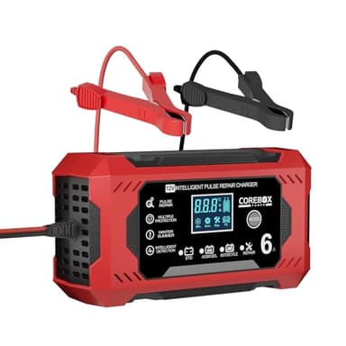 COREBOX Chargeur de batterie 6 A 12 V Chargeur de batterie de voiture Chargeur intelligent 12 V, chargeur de maintien, mainteneur de batterie Désulfateur avec compensation de température pour voiture