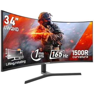Gawfolk Écran d’ordinateur de jeu ultra large incurvé 165 Hz, 34", 1500R, 21:9 UWQHD, 3440 x 1440, 99 % sRVB, 1 ms, Adaptative Sync, DisplayPort, HDMI, support mobile, support mural 75 x 75 mm, noir