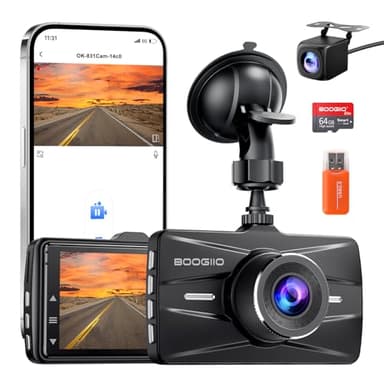 BOOGIIO Caméra embarquée avant et arrière avec carte SD de 64 Go, caméra de tableau de bord 4K pour voitures avec APP, caméra de voiture WiFi 5G, capteur G intégré, grand angle de 170°, vision