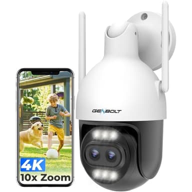 GENBOLT Caméra de sécurité 4K WiFi extérieure avec PoE, caméra CCTV IP 8MP à double objectif pour la surveillance à domicile avec zoom hybride 10X, détection automatique de l'humain/véhicule (2,4