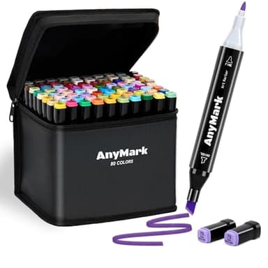 AnyMark Lot de 80 marqueurs à alcool à double pointe pour adulte, dessin, coloriage, croquis, pointe biseautée et fine, porte-stylo noir