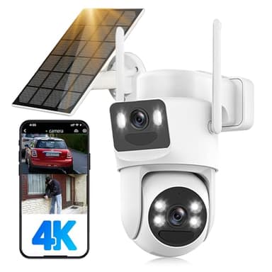 Caméras de sécurité solaires 4K sans fil pour extérieur, 5GHz/2.4GHz WiFi 360° PTZ pour surveillance extérieure pour la maison avec suivi automatique des humains, sirène, double objectif, vision