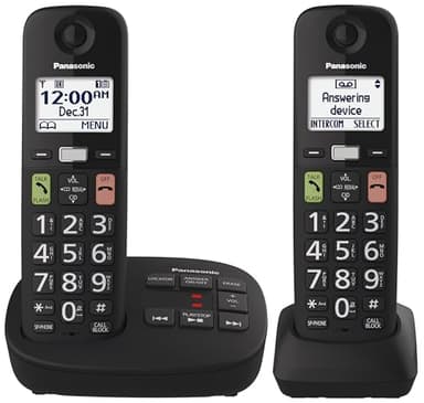 Téléphone sans fil Panasonic, facile à utiliser avec grand écran et gros boutons, touche favorites clignotante, blocage d'appels, 2 combinés sans fil - KX-TGU122CB (Noir)