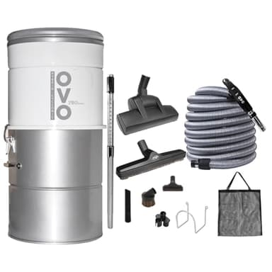 OVO Système central de vide puissant à 750 Airwatts, résistant, hybride avec filtration (avec ou sans sacs jetables) 25L ou 6,6 gallons, kit d'accessoires Deluxe Plus de 12 mètres inclus