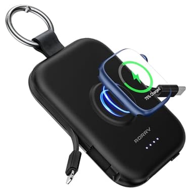 RORRY Chargeur portable, banque d'alimentation de chargeur portable 5000mAh avec câbles intégrés, batterie de voyage porte-clés pour Apple Watch Ultra 3/2/10/9/8/Ultra/7/6/SE, iPhone 17/16/15/14/13/12