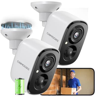 Lot de 2 caméras de sécurité sans fil 2,5 K pour l'extérieur, CINMOORE alimentées par batterie, détection de personne, caméras à montage magnétique pour la sécurité à domicile, vision nocturne en couleur, projecteur, alarme de sirène, conversation bidirectionnelle