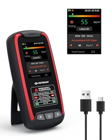 METRINARY Détecteur de radon pour la maison, moniteur de radon portable avec écran couleur TFT, testeur de radon rechargeable, résultat rapide, 6 heures, stockage de données de 504 jours avec alarme sonore et visuelle (pCi/L ou Bq/m³)