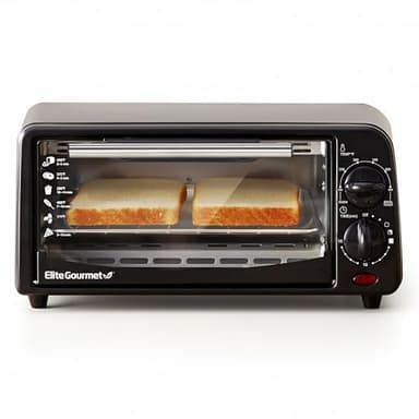Elite Gourmet ETO236 Four grille-pain personnel pour 2 tranches avec minuteur de 15 minutes, incluant plateau et grille, fonctions cuire au four, griller, toast, noir
