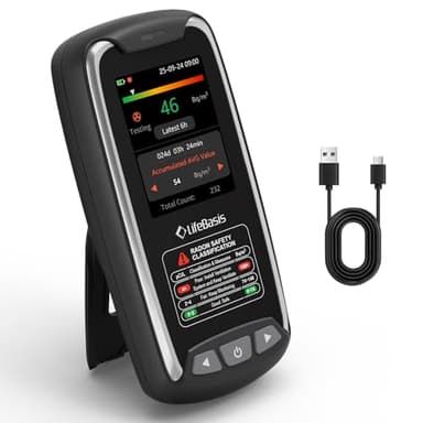 LifeBasis Détecteur de radon avec écran couleur TFT, moniteur de radon portable pour la maison, testeur de radon rechargeable, stockage de données longues avec alarme visuelle et sonore, affichage des premières données en 6 heures pCi/L ou Bq/m³