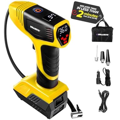Bullseye Pro Pompe à air numérique pour pneus de voiture 150 PSI avec écran d'affichage de jauge et pression préréglée en kPa, psi, bar, kg/cm, lumières LED intégrées, compresseur d'air, pompe à pneu de voiture, jaune