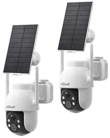 ieGeek Lot de 2 caméras de sécurité solaires d'extérieur sans fil, WiFi 2K, caméra de surveillance PTZ à 360° avec vision nocturne en couleur 3 MP, détection de mouvement PIR, audio bidirectionnel, alerte d'alarme, fonctionne avec Alexa