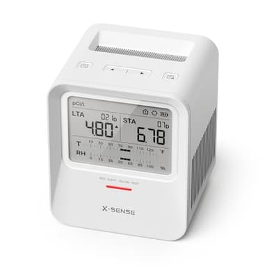 X-Sense Détecteur de radon, alerte sonore et visuelle, réinitialisation en une touche, stocke jusqu'à 99 rapports locaux, affichage de la plage de température et d'humidité, surveillance précise à long terme jusqu'à 999 jours, modèle XR0B-SR